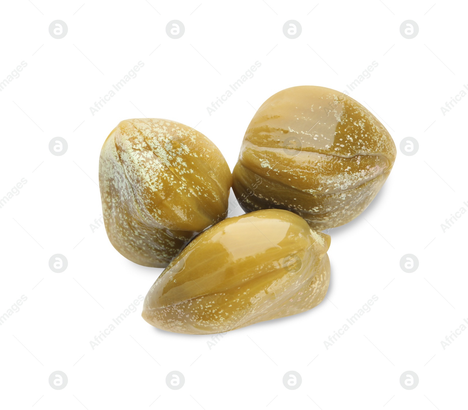 Photo of Three delicious pickled capers on white background, top view