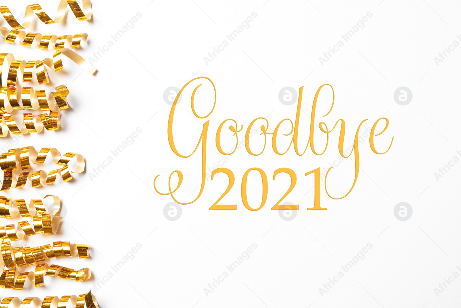 Image of Shiny golden serpentine streamers and phrase Goodbye 2021 on white background, top view