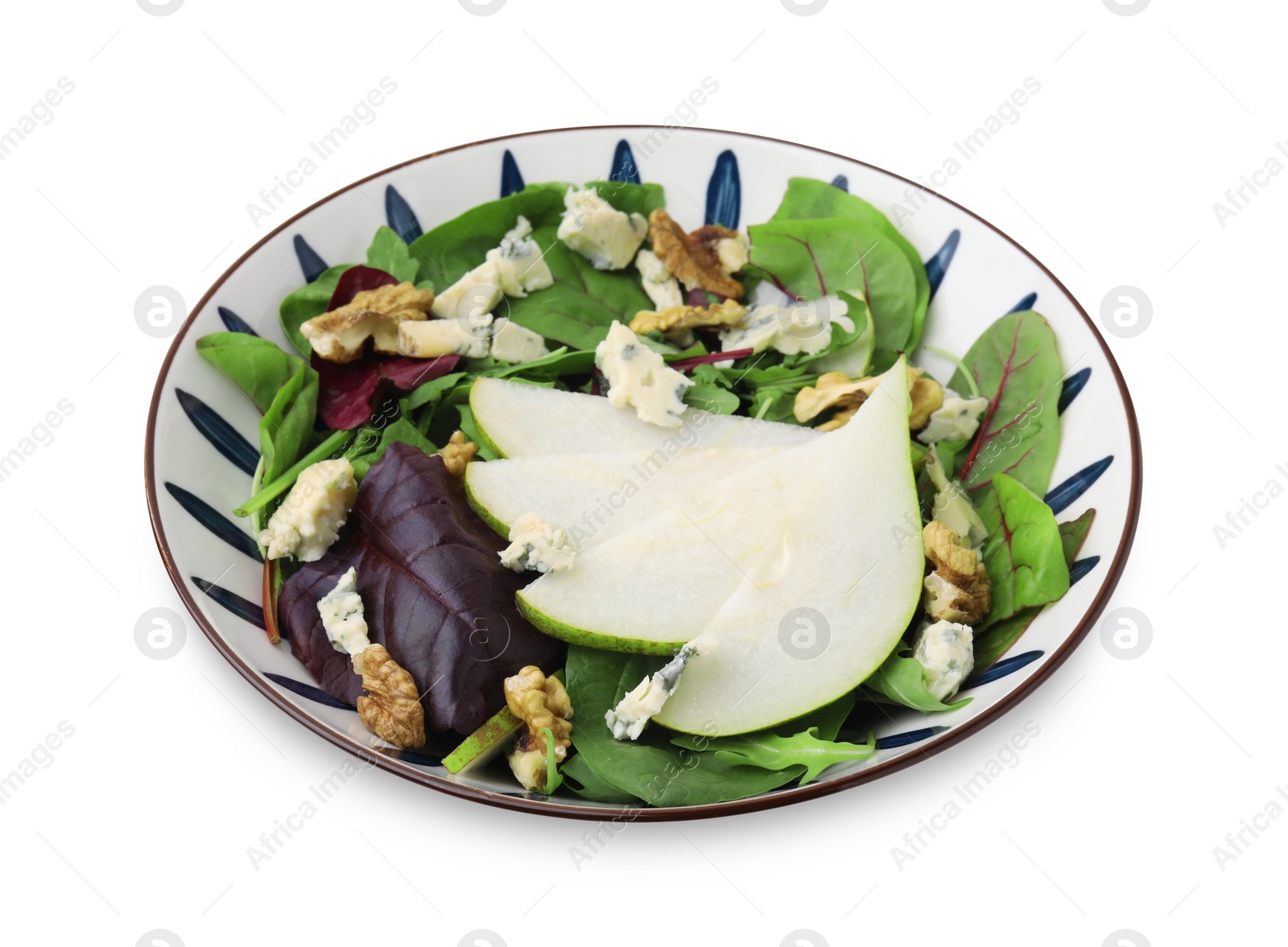 Photo of Delicious pear salad in bowl isolated on white