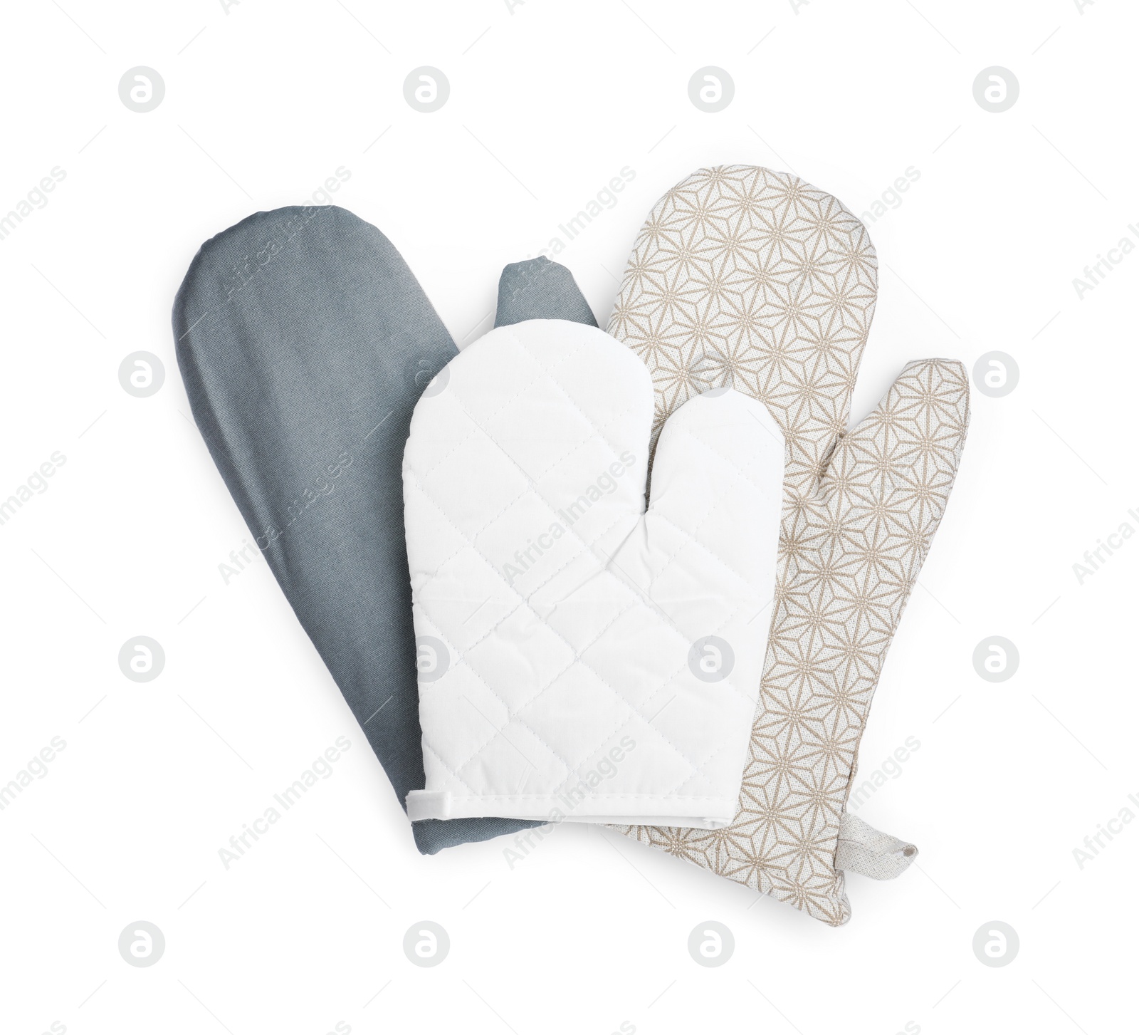 Photo of Oven gloves for hot dishes on white background, top view