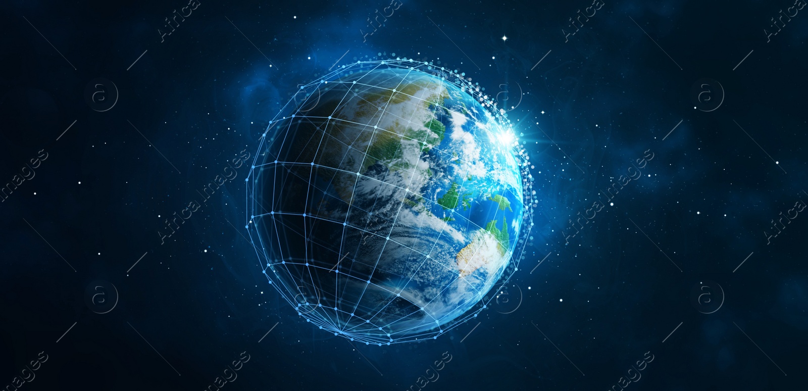 Image of Global network connection. Earth in open space and digital web, illustration