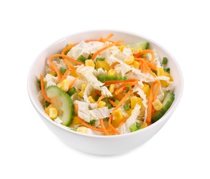 Photo of Tasty salad with Chinese cabbage, carrot, corn and cucumber in bowl isolated on white