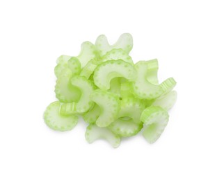 Heap of fresh cut celery isolated on white, top view