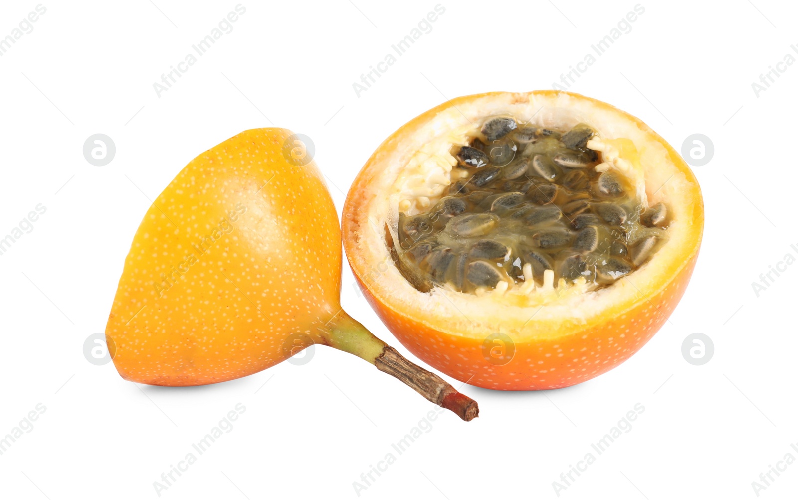 Photo of Cut delicious ripe granadilla on white background