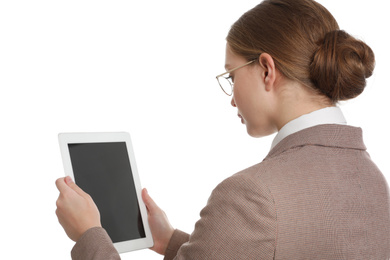 Photo of Young businesswoman with tablet on white background