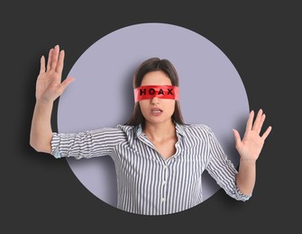 Image of Lost in lies. Woman wearing red blindfold with word Hoax on color background