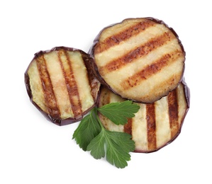 Photo of Delicious grilled eggplant slices and parsley on white background, top view
