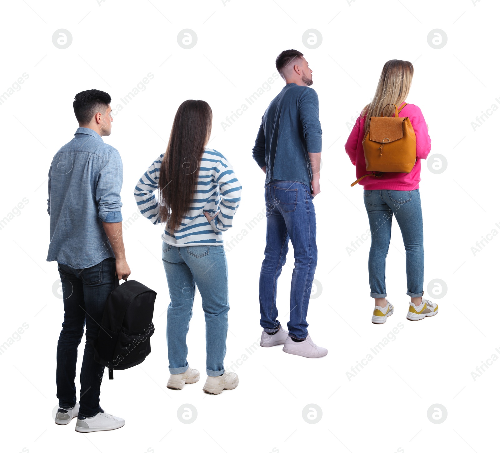 Image of People waiting in queue on white background, back view