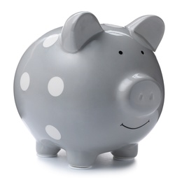 Photo of Gray piggy bank on white background. Money saving