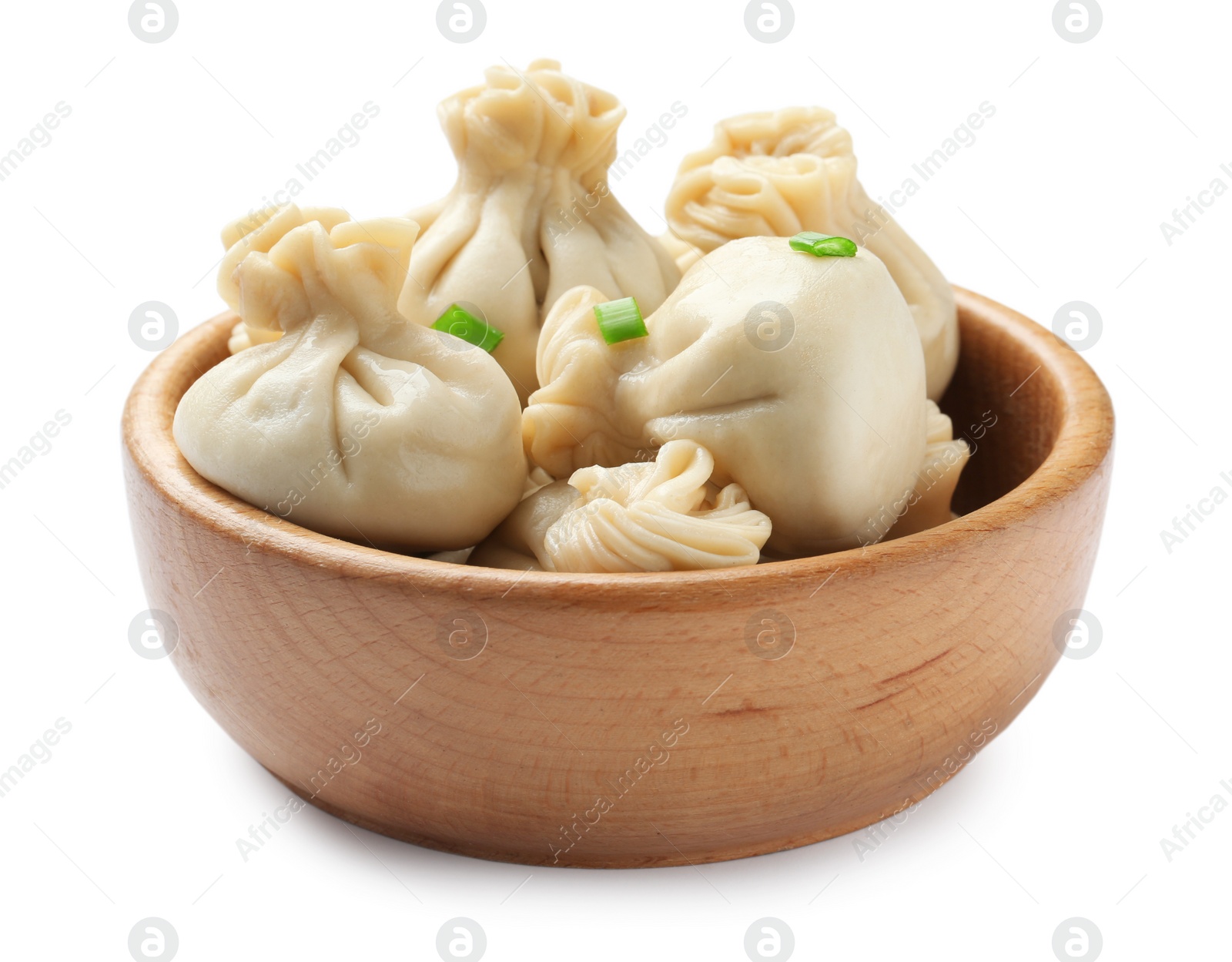 Photo of Bowl with tasty dumplings isolated on white