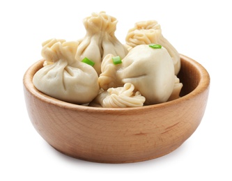 Bowl with tasty dumplings isolated on white