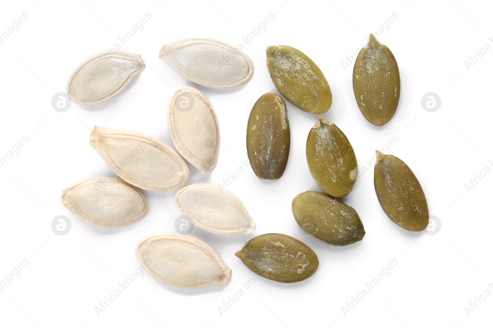 Photo of Raw pumpkin seeds on white background, top view