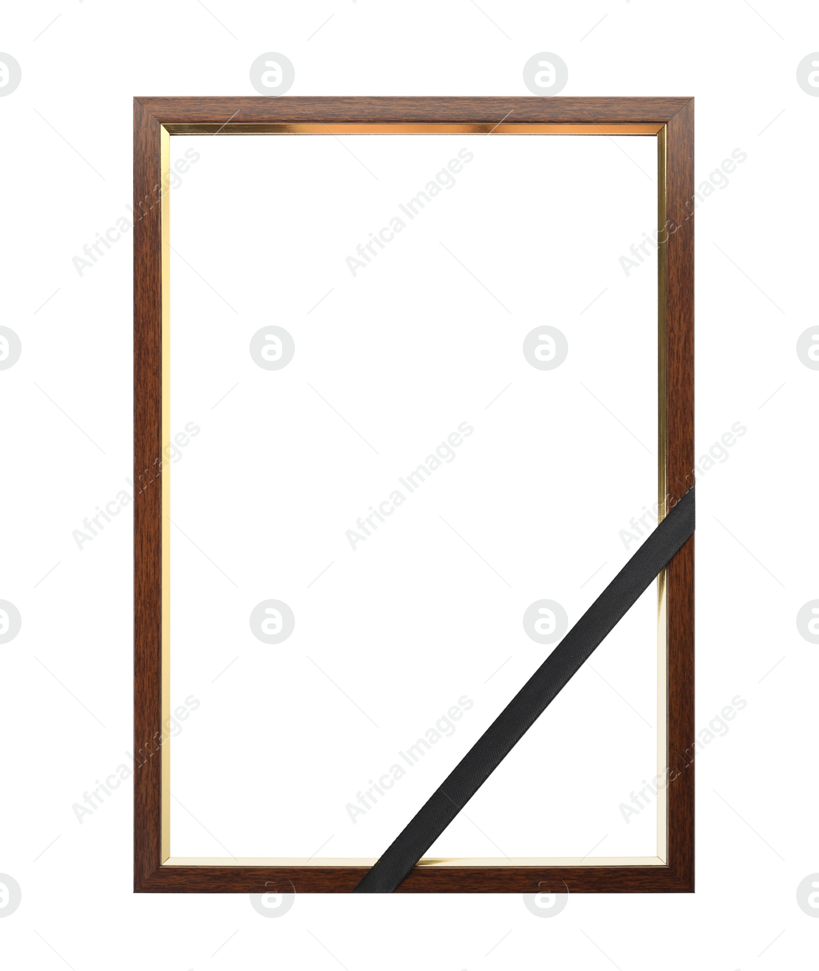 Photo of Funeral photo frame with black ribbon on white background