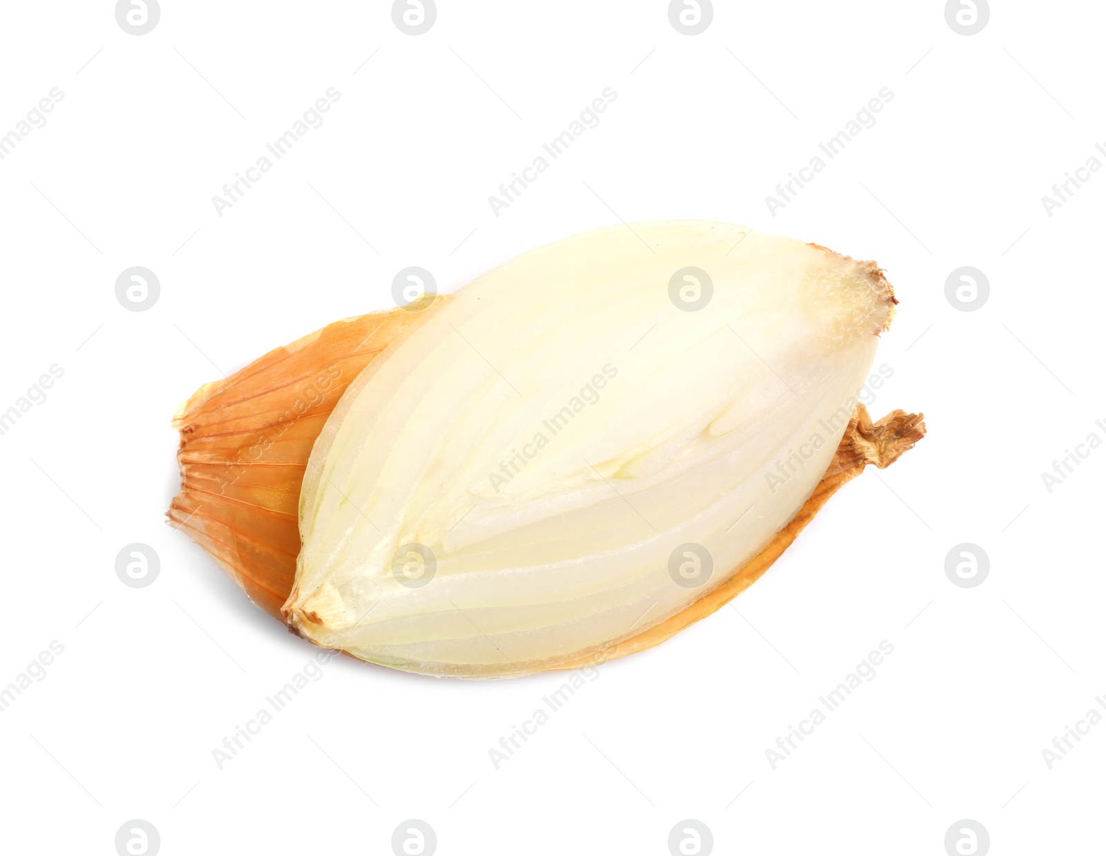 Photo of Slice of fresh ripe onion on white background