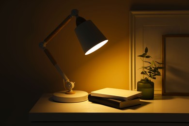Stylish modern desk lamp, books and plant on white chest of drawers in dark room