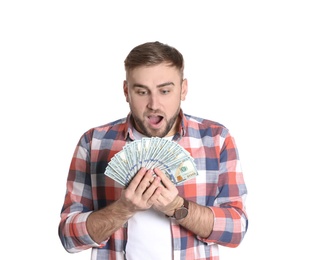 Photo of Portrait of young man holding money banknotes on white background