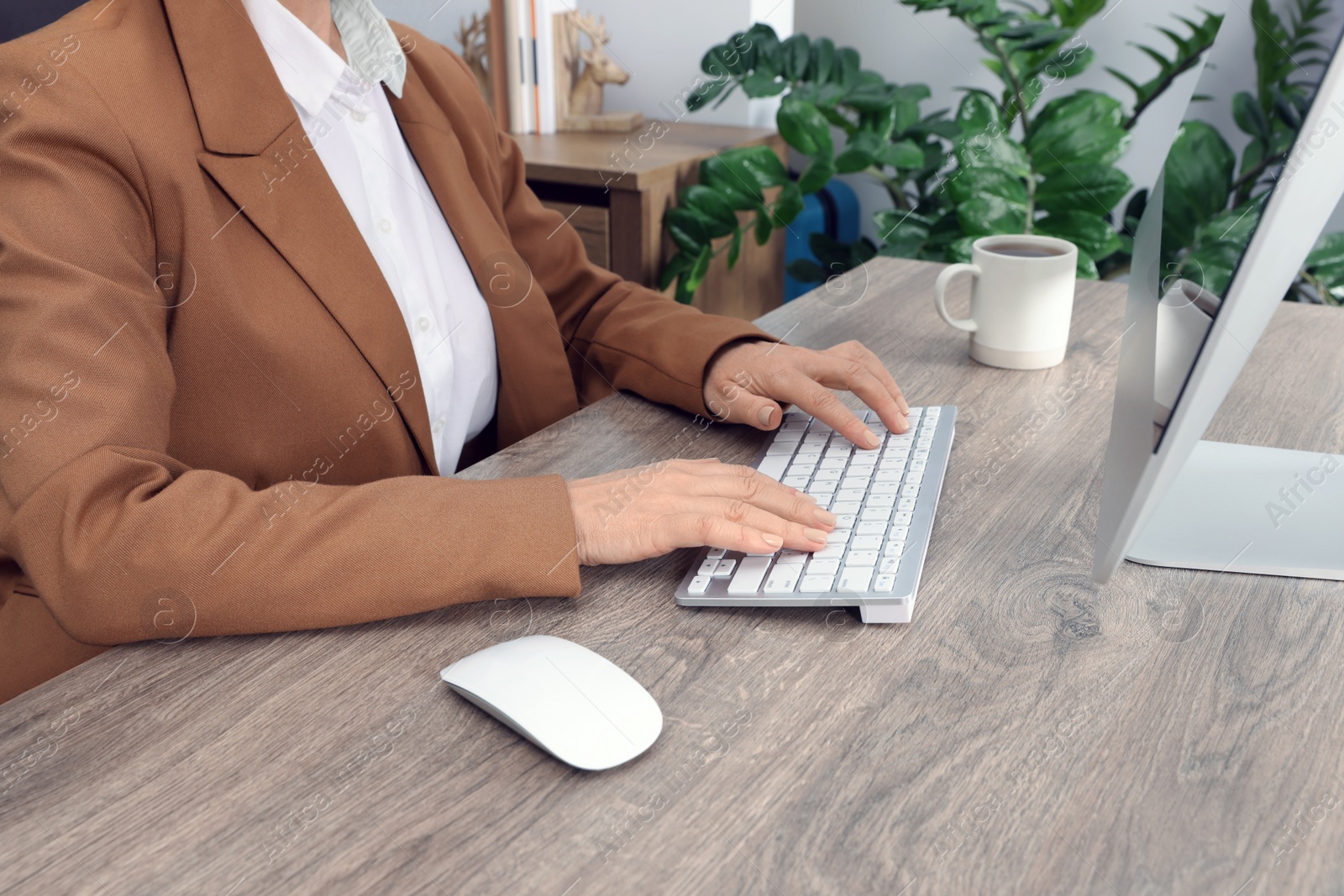 Photo of Lady boss working on computer at desk in office, closeup. Successful businesswoman