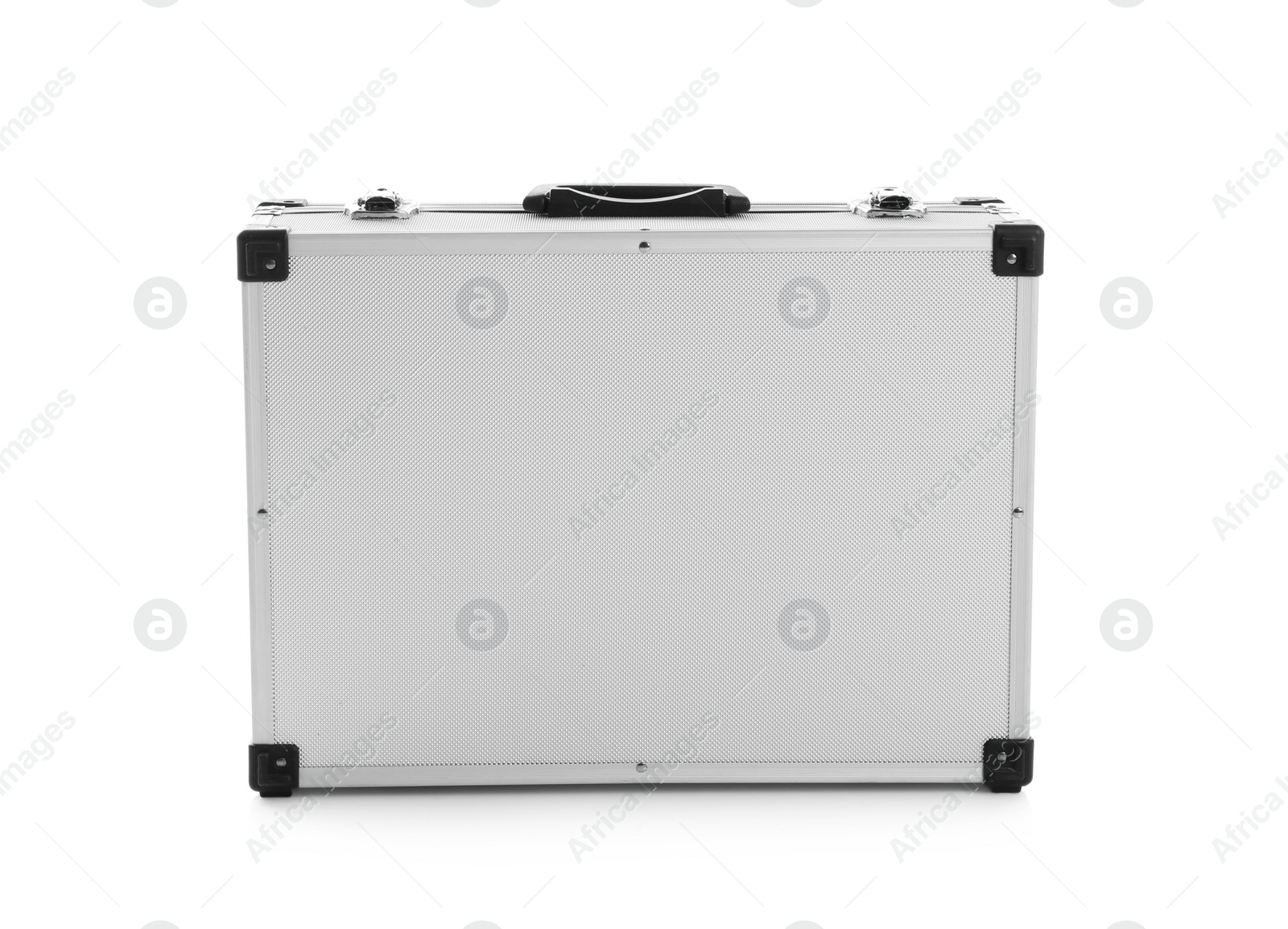 Photo of Modern silver suitcase on white background