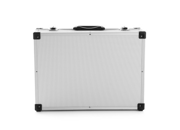 Photo of Modern silver suitcase on white background