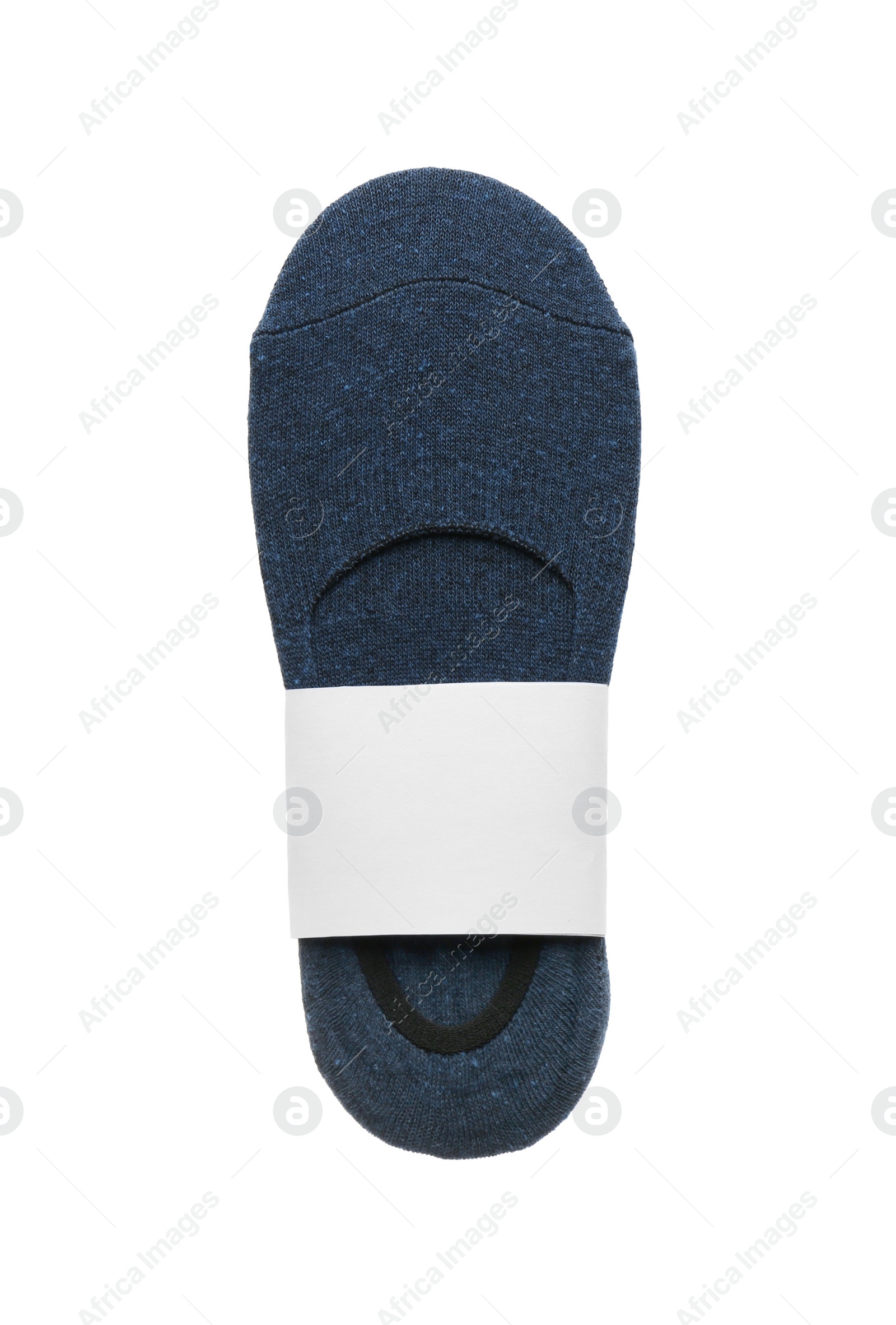 Photo of New pair of blue socks on white background