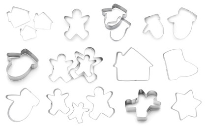 Set with cookie cutters of different shapes on white background