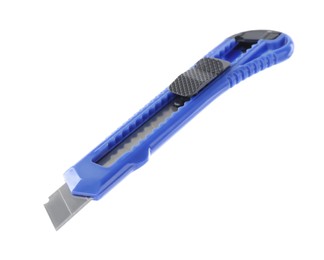 Photo of Blue utility knife isolated on white. Construction tool