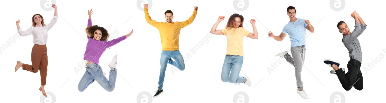 Image of People jumping on white background, collage with photos