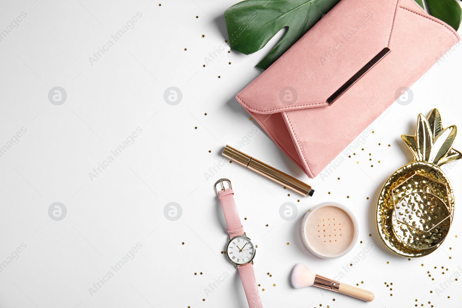 Photo of Flat lay composition with female accessories on white background. Beauty blogger