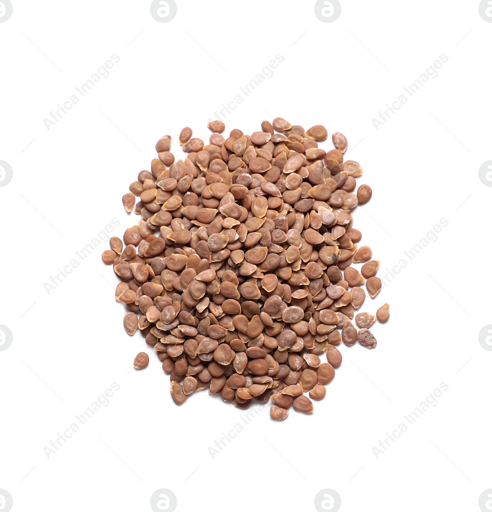 Photo of Pile of tomato seeds on white background, top view