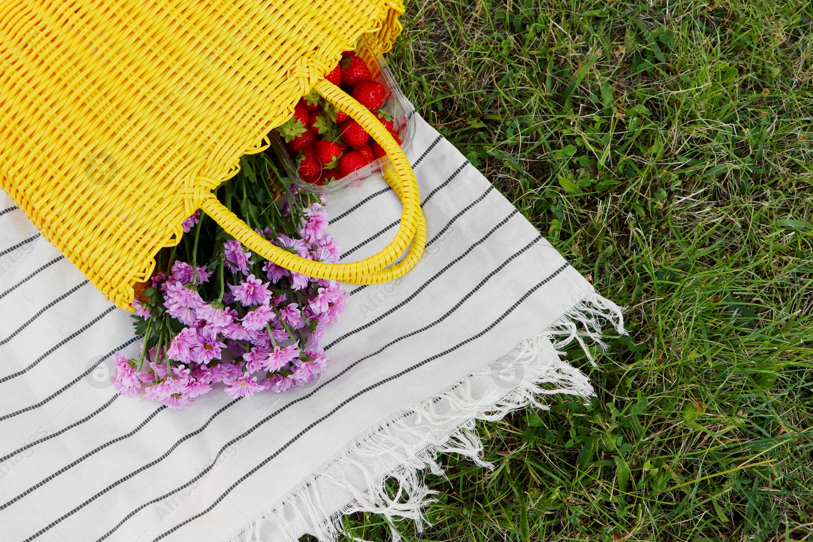 Photo of Yellow wicker bag with beautiful flowers and strawberries on picnic blanket outdoors, top view
