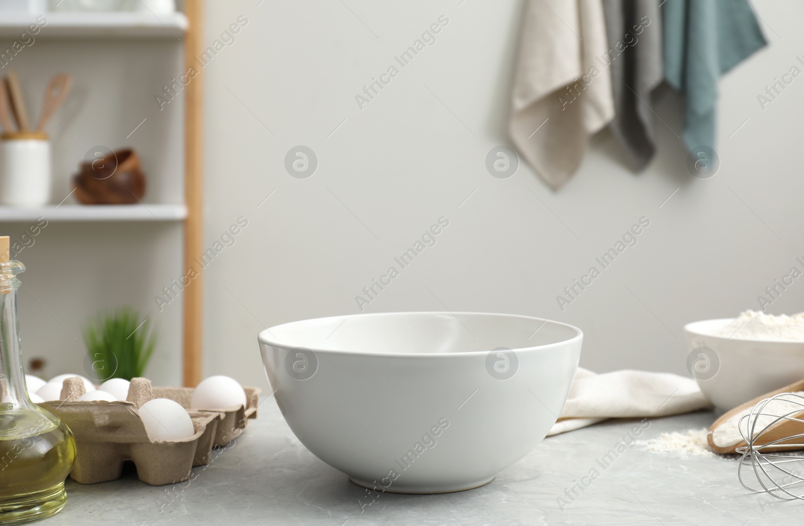 Photo of Different ingredients for making tasty baklava on light grey marble table