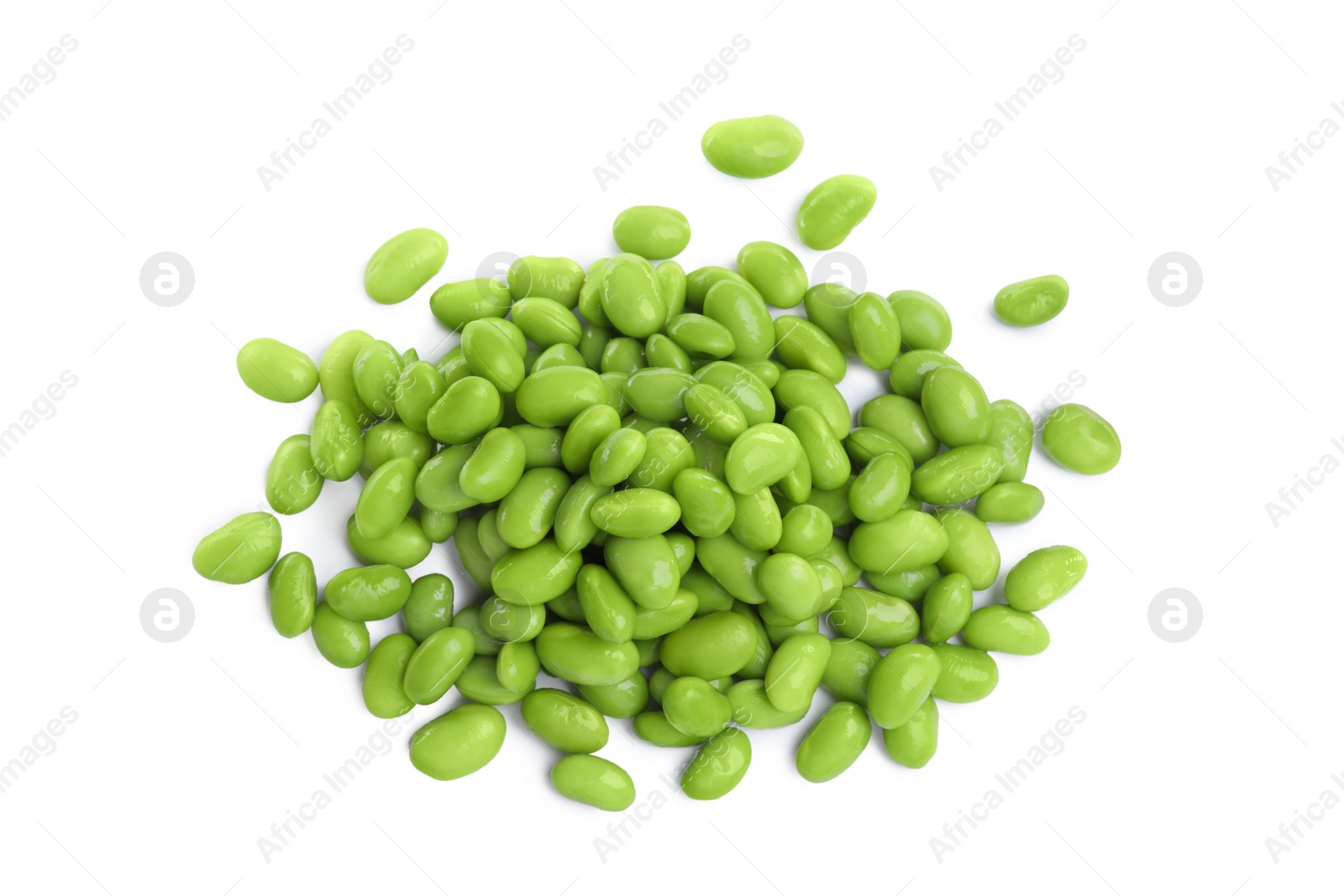 Photo of Pile of fresh edamame soybeans on white background, top view