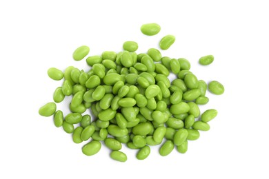 Photo of Pile of fresh edamame soybeans on white background, top view