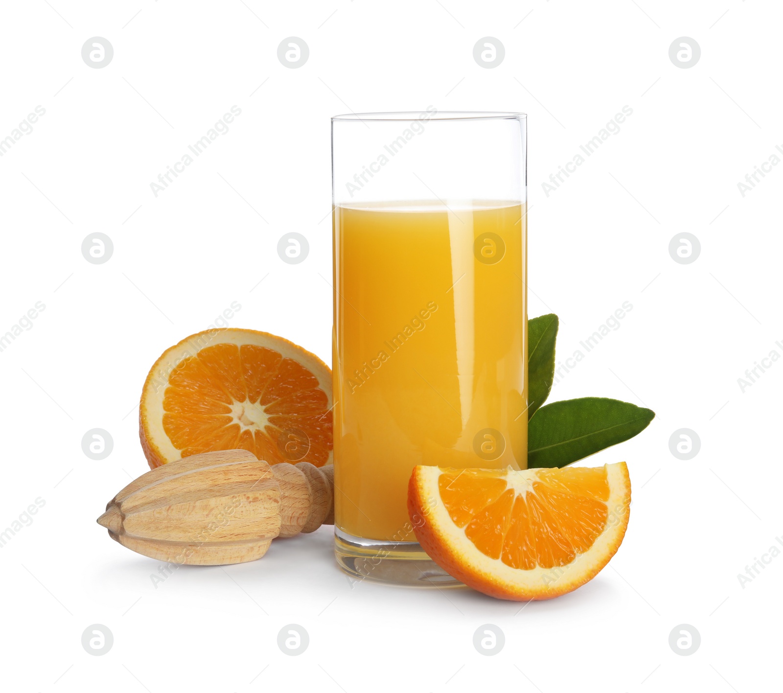 Photo of Glass of orange juice, fresh fruit and wooden reamer on white background