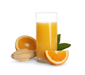 Photo of Glass of orange juice, fresh fruit and wooden reamer on white background