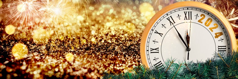 Counting last moments to New 2024 Year. Greeting card with clock, fir branches, golden glitter and fireworks, banner design. Space for text