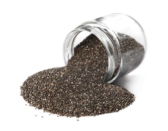 Overturned jar with chia seeds on white background
