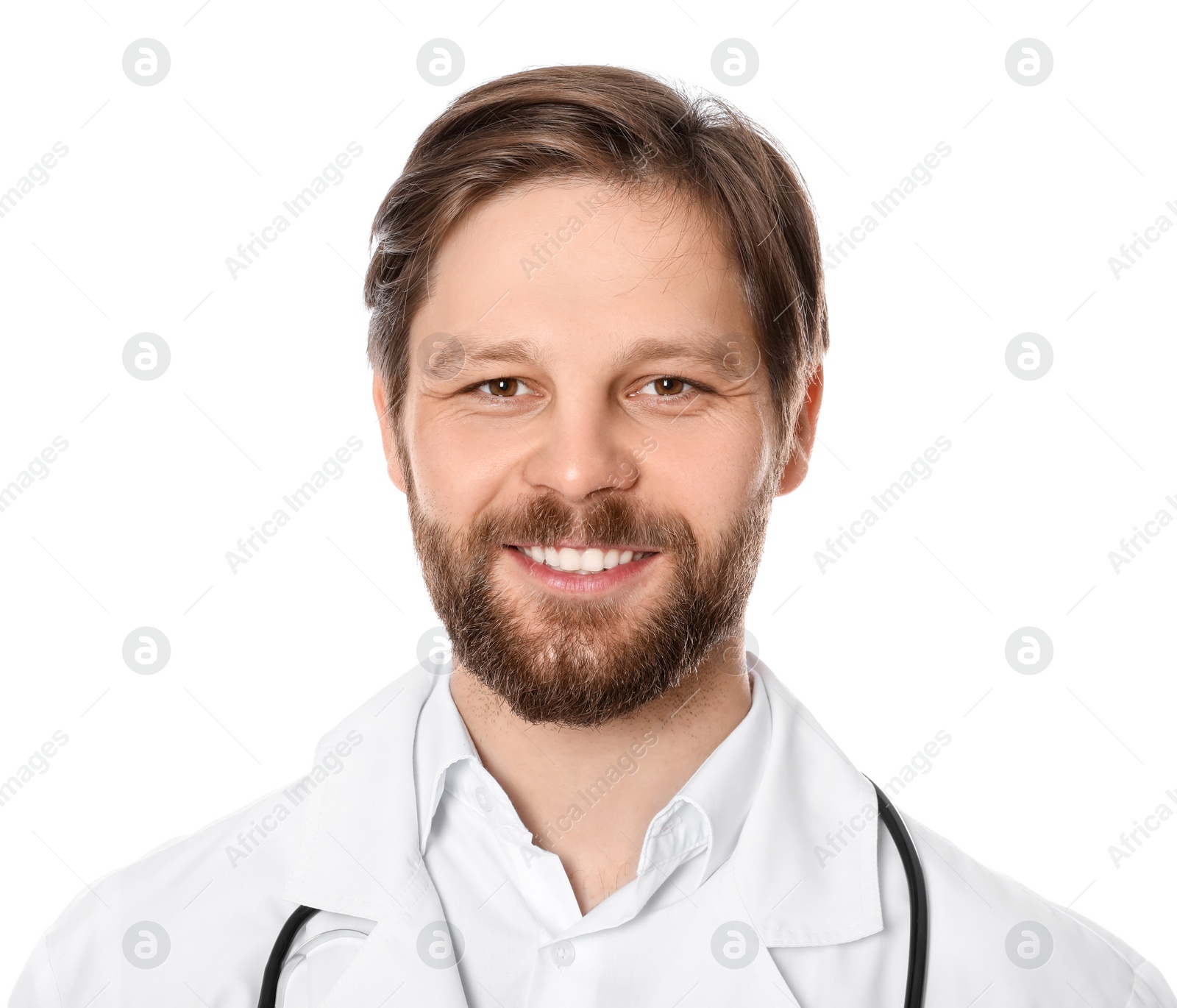 Photo of Doctor or medical assistant (male nurse) in uniform with stethoscope on white background