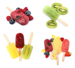 Image of Set with tasty berry ice pops on white background