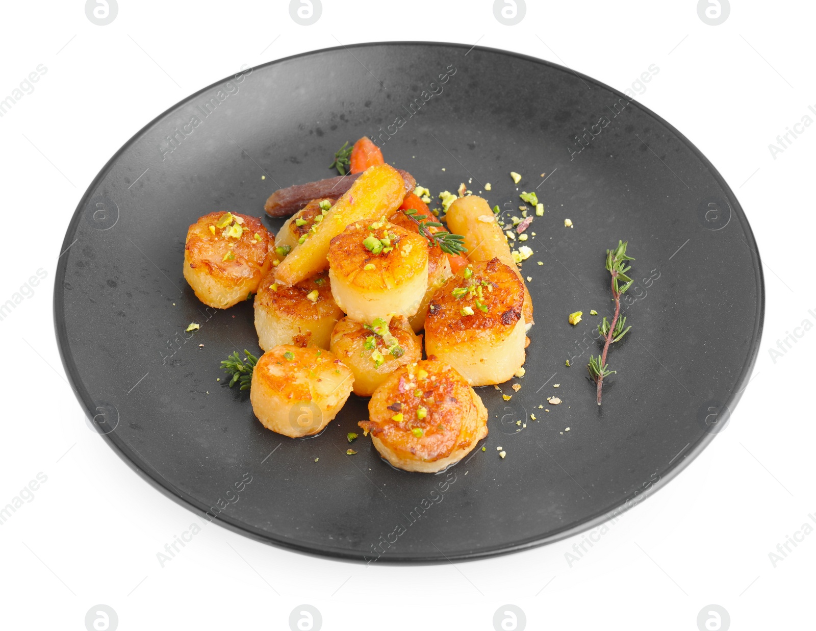 Photo of Delicious fried scallops with carrot and spices isolated on white