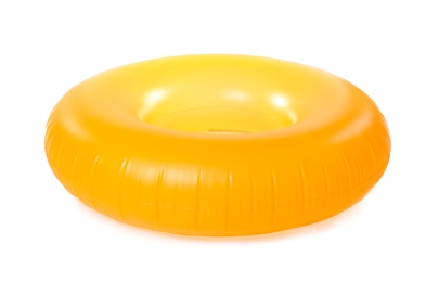 Photo of Bright inflatable ring on white background. Summer holidays