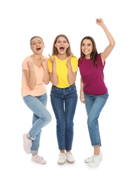 Photo of Young women celebrating victory on white background