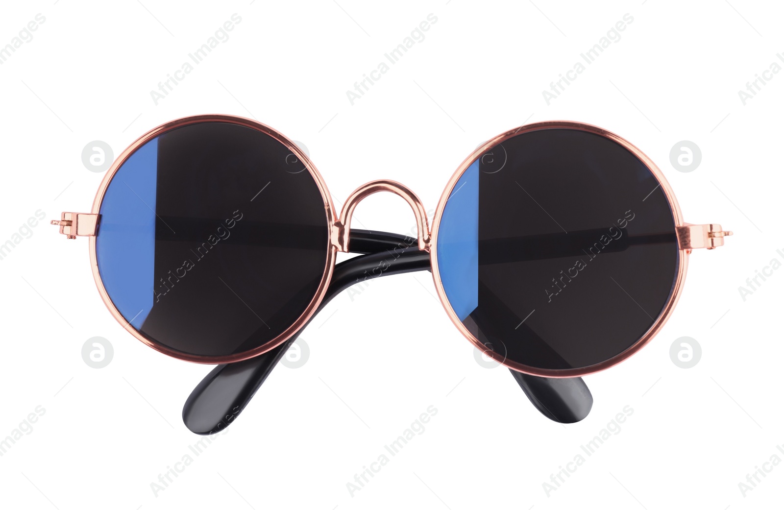 Photo of New stylish round sunglasses isolated on white, top view