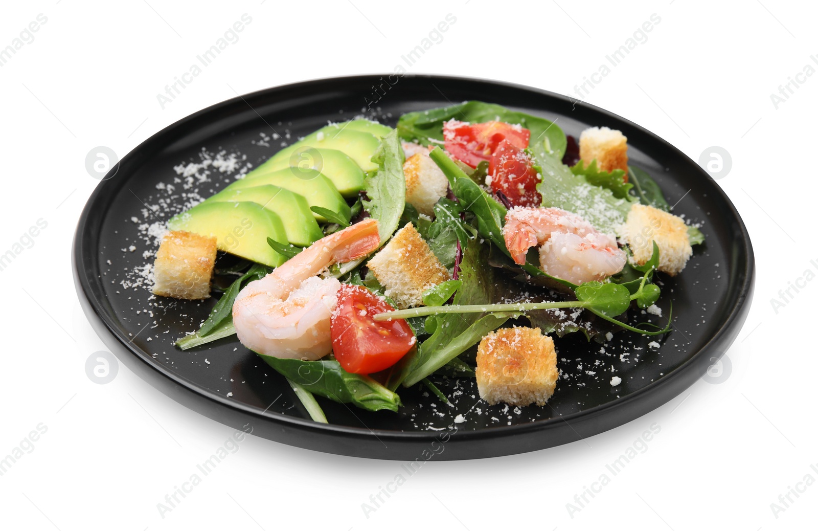 Photo of Delicious salad with croutons, avocado and shrimp isolated on white