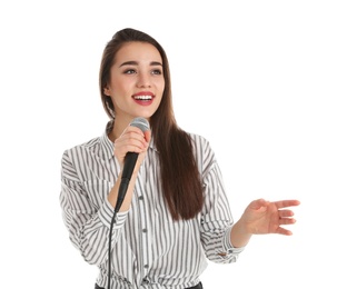 Photo of Young woman in casual clothes posing with microphone on white background