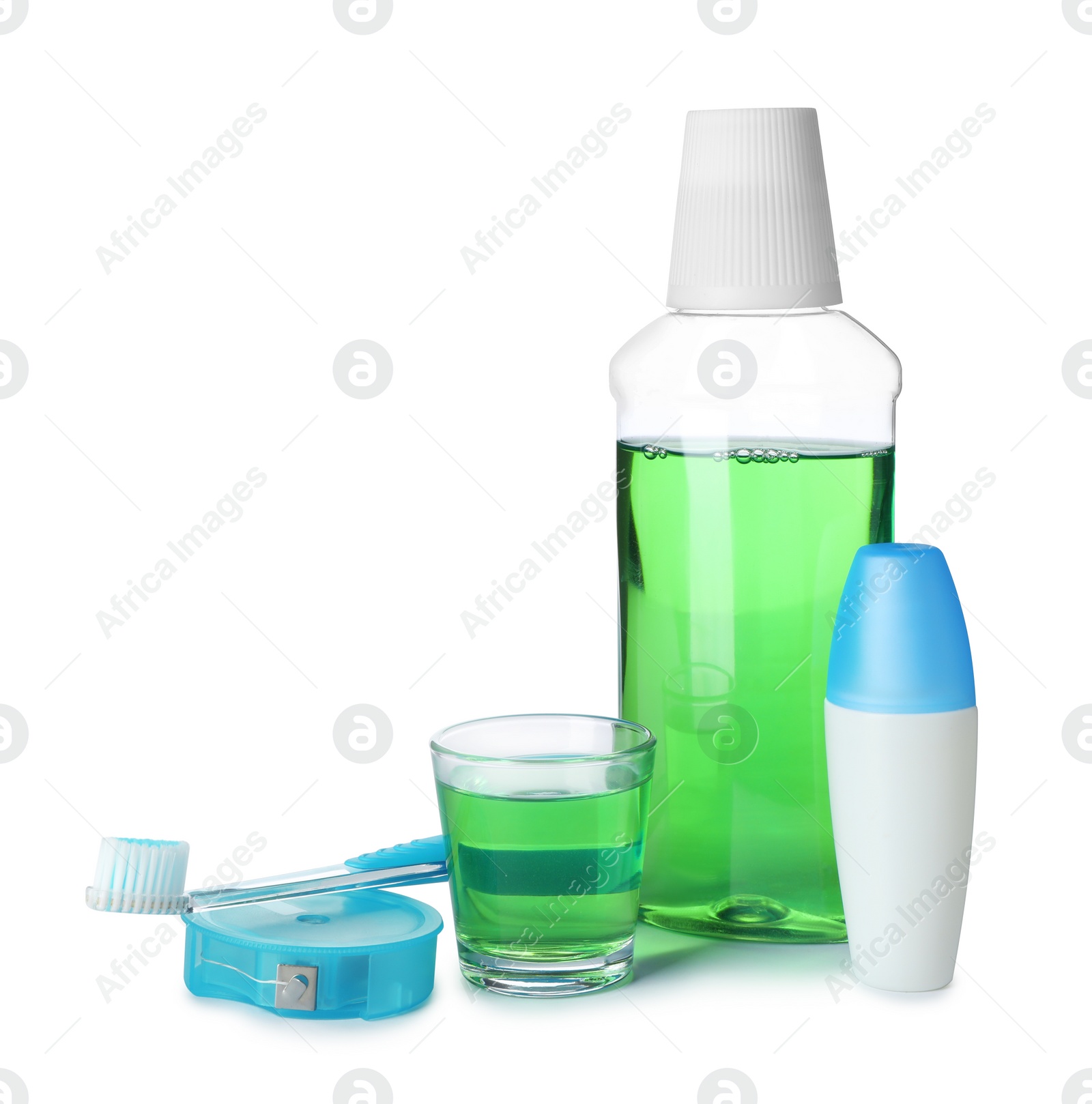 Photo of Items for teeth care and personal hygiene on white background