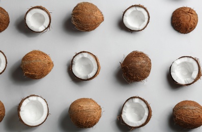 Photo of Coconut pattern on white background, top view