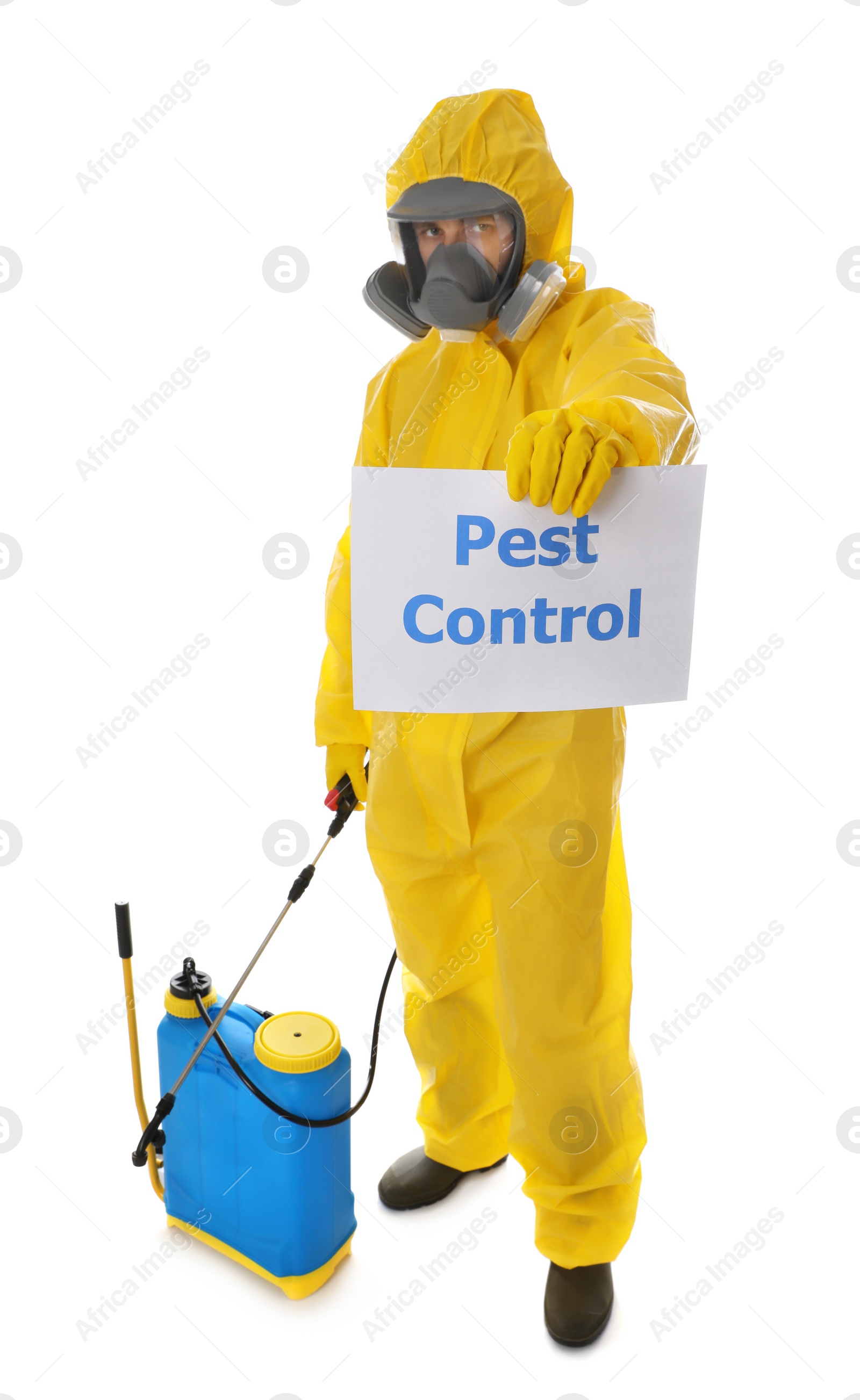 Photo of Man wearing protective suit with insecticide sprayer and sign PEST CONTROL on white background