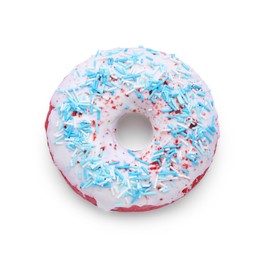 Photo of Glazed donut decorated with sprinkles isolated on white, top view. Tasty confectionery