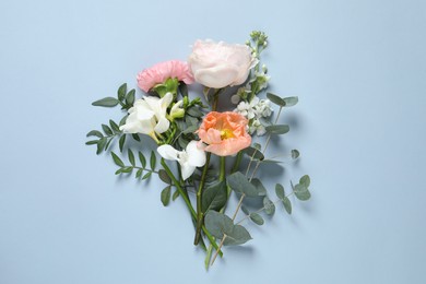 Photo of Different beautiful flowers on light background, flat lay